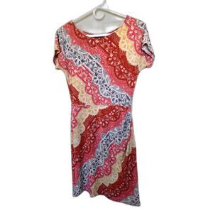 BCBGMaxAzria Christelle Lace Print Bodycon Dress SZ Small Red, Gray, Mustard